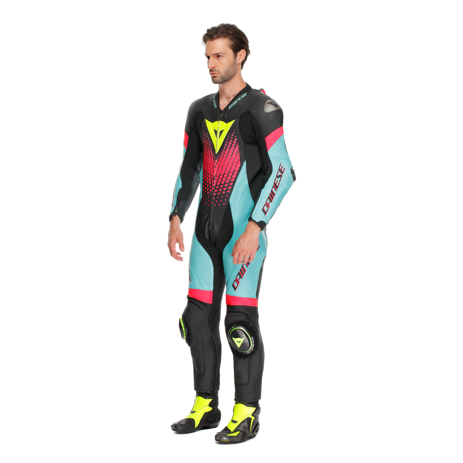 Dainese Laguna Seca 6 Combinaison en cuir à une pièce – Combinaison de course perforée | Hommes | Turquoise / Rose / Jaune fluo 