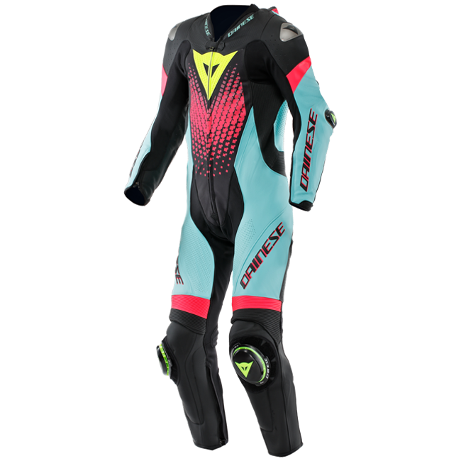 Dainese Laguna Seca 6 Combinaison en cuir à une pièce – Combinaison de course perforée | Hommes | Turquoise / Rose / Jaune fluo 