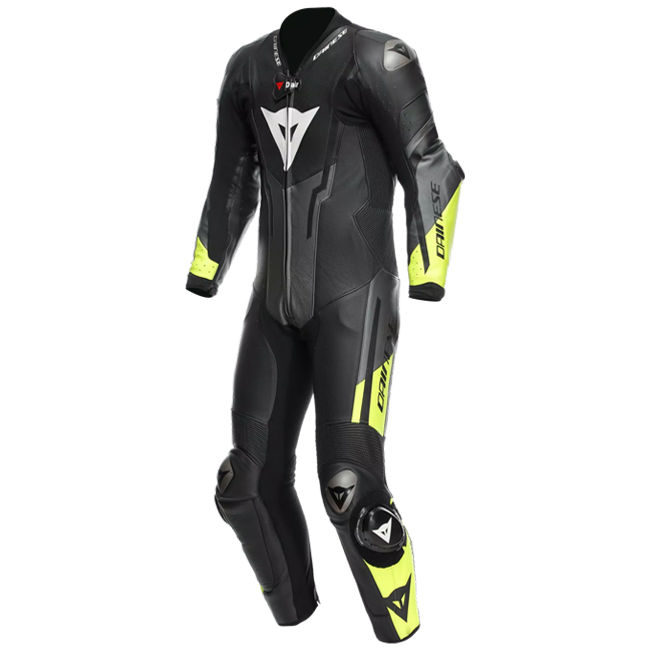 Combinaison en cuir Dainese Misano 3 D-AIR® – Combinaison de course avec airbag perforé | Hommes | Noir/Jaune fluo 