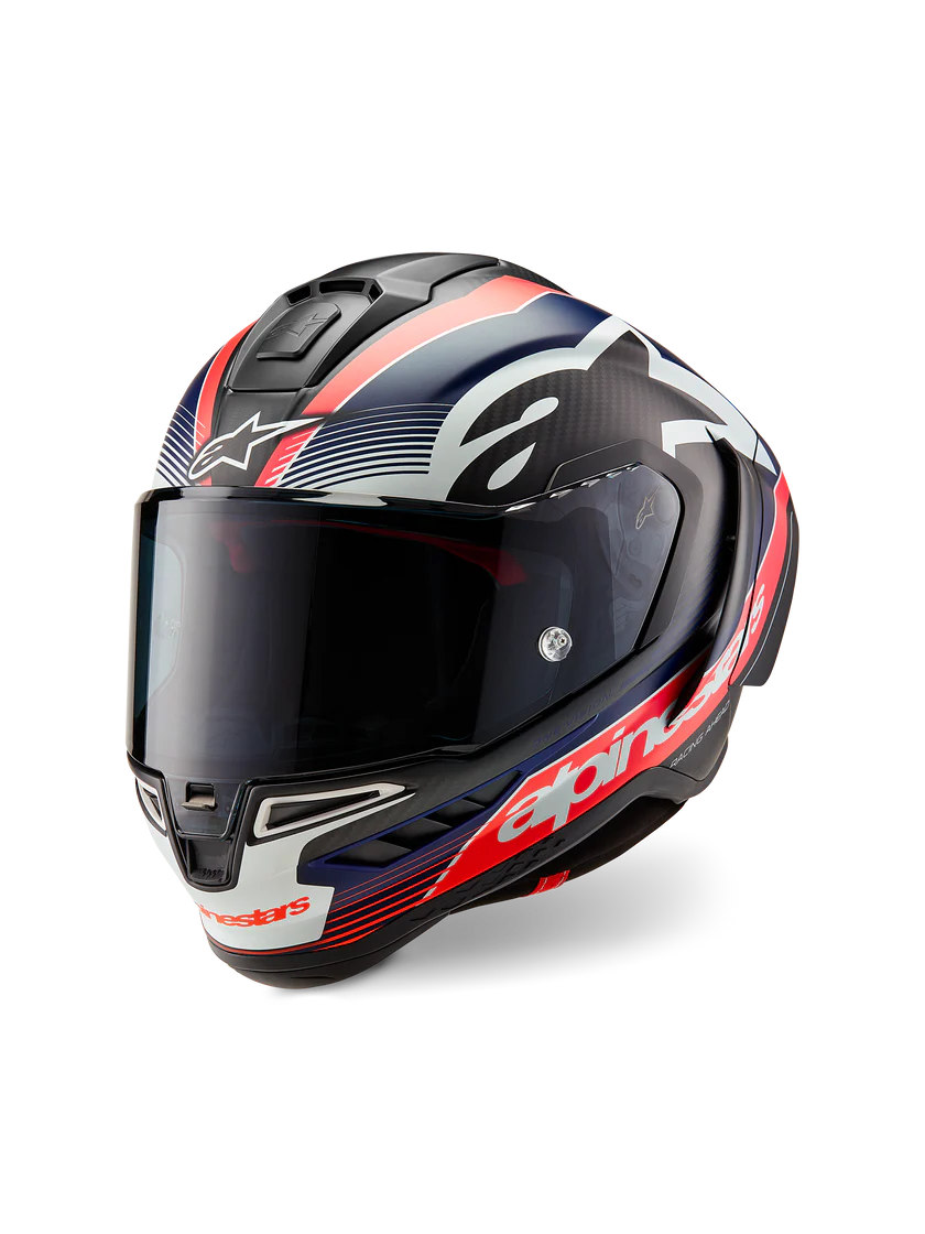 Casque Alpinestars Supertech R10 Team Carbon Carb Rouge Fluo Bleu Foncé Mat 8200224-1383 