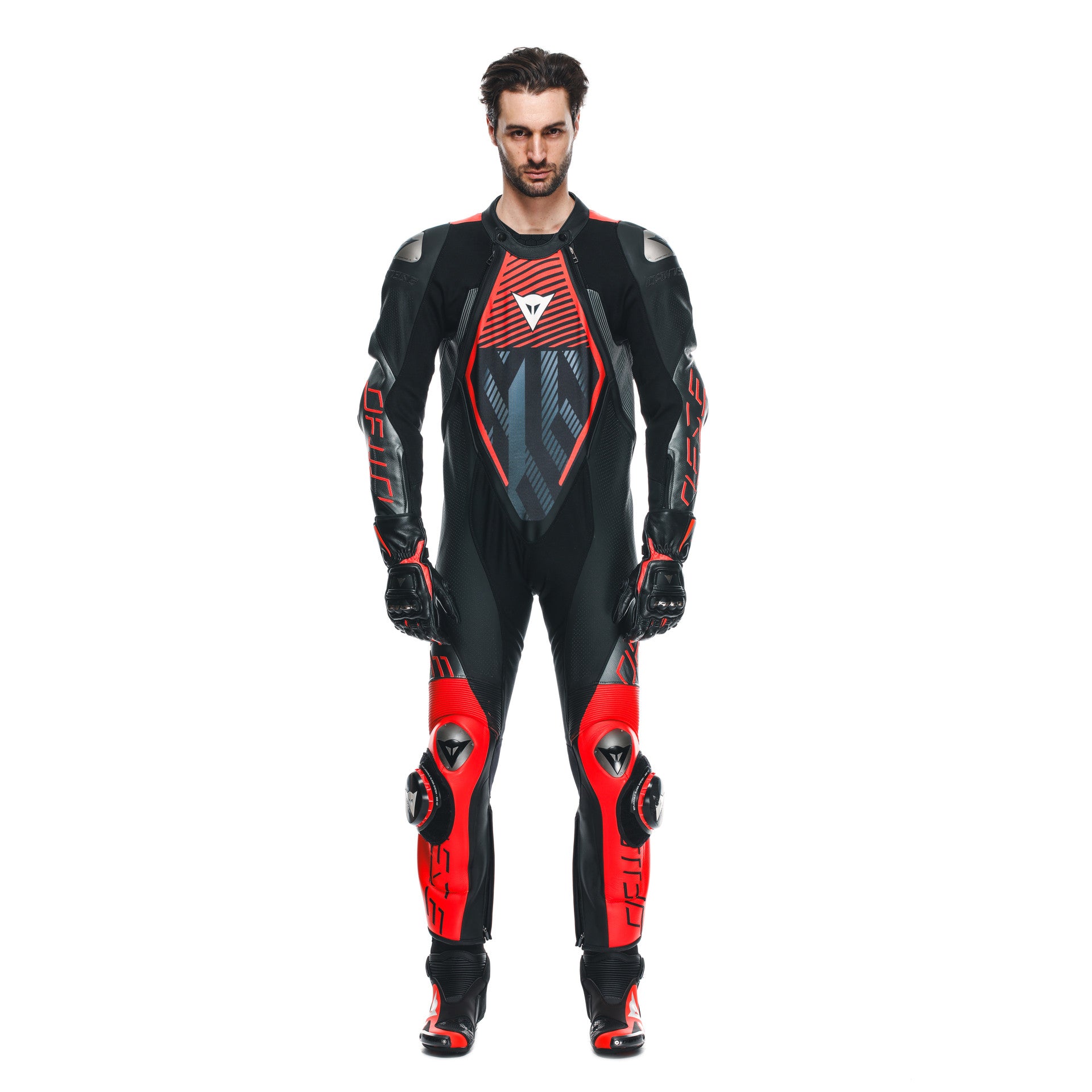 Dainese Audax D-ZIP combinaison en cuir une pièce – Combinaison de course perforée | Hommes | Noir/Rouge 