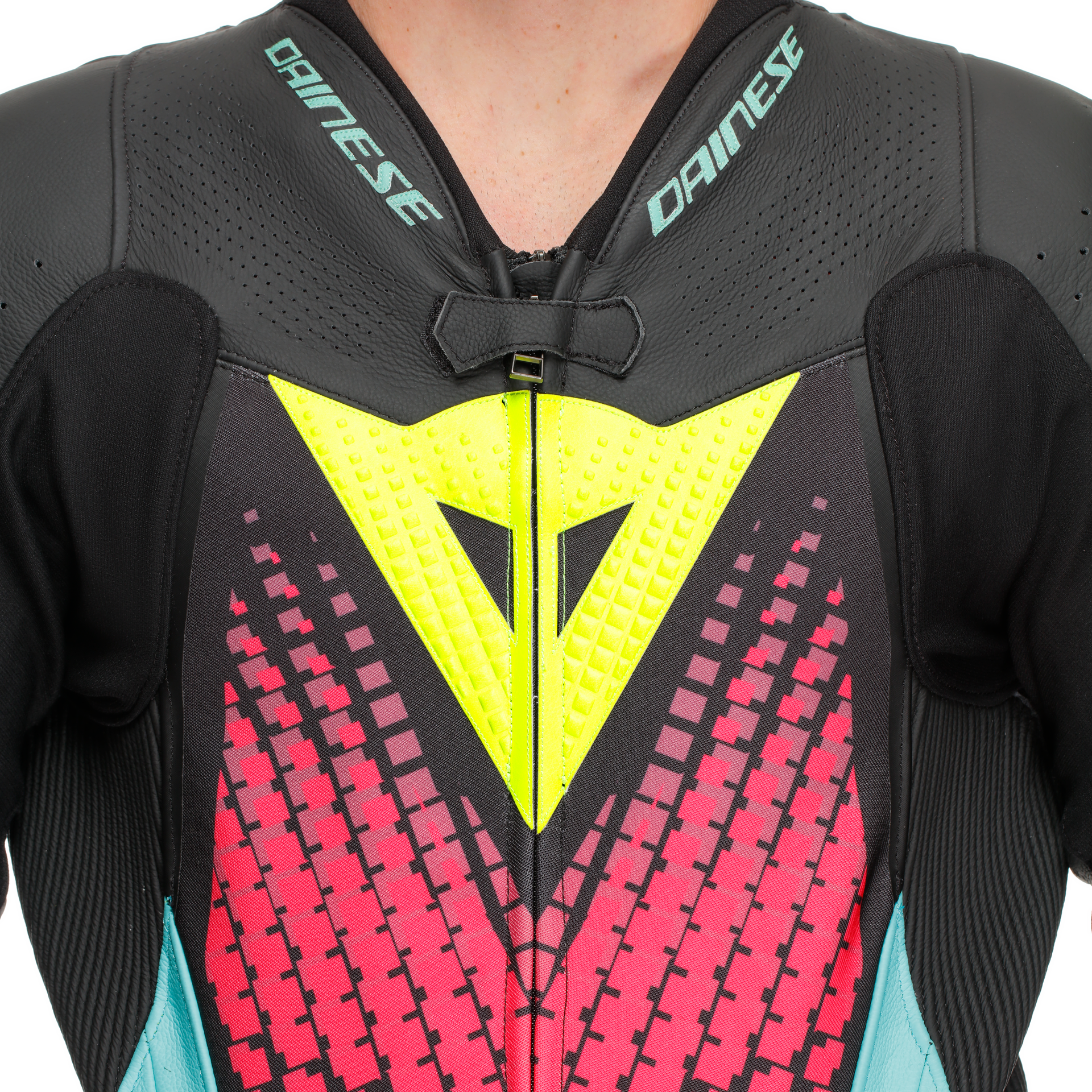 Dainese Laguna Seca 6 Combinaison en cuir à une pièce – Combinaison de course perforée | Hommes | Turquoise / Rose / Jaune fluo 
