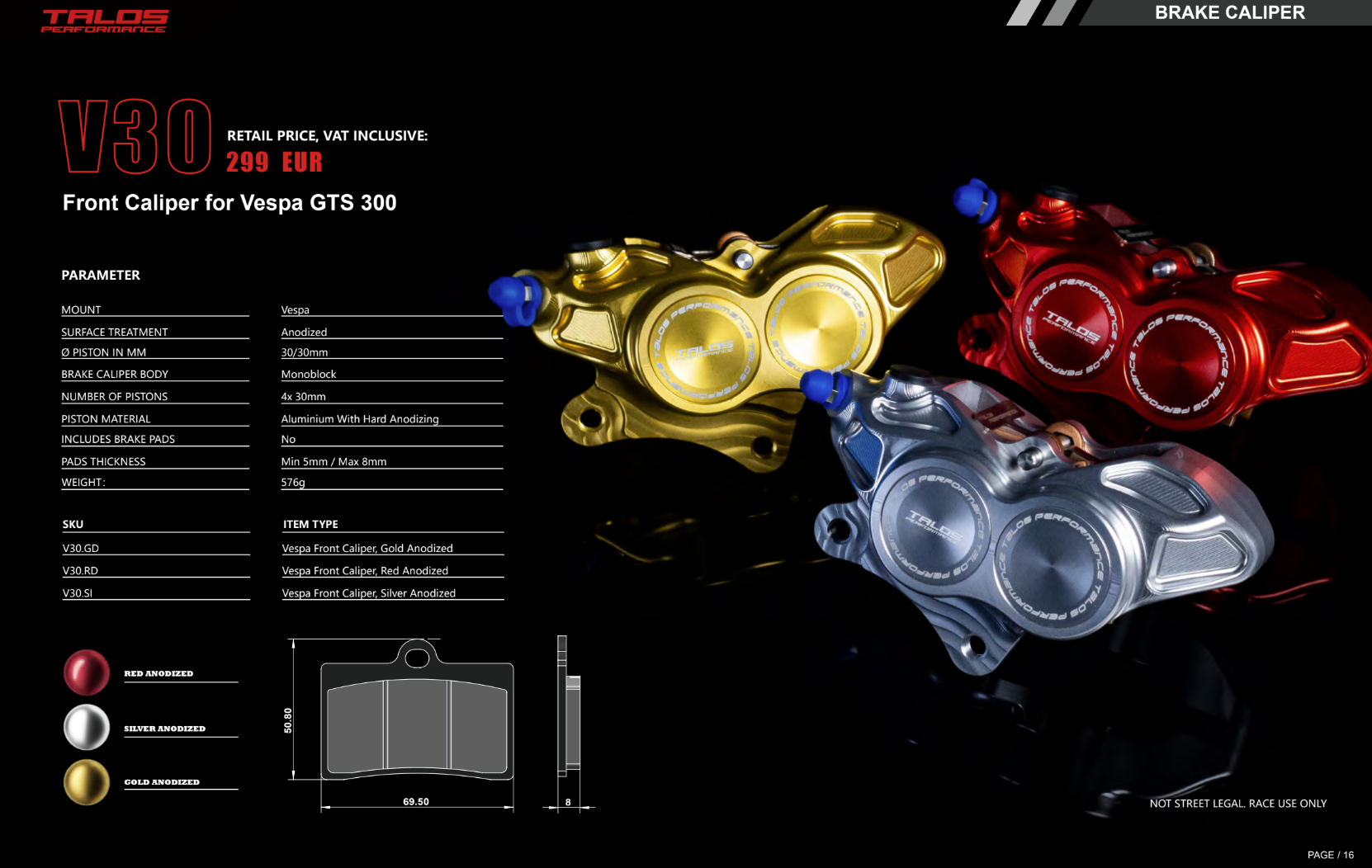 Talos Étrier de frein monobloc CNC V30 avant | V30.GD 