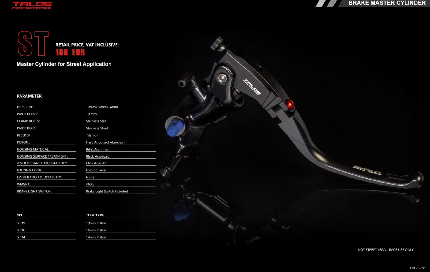 Talos CNC ST Radial Racing Maître-cylindre de frein 14mm| ST.14 