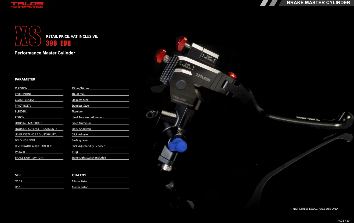 Talos CNC XS Radial Racing Maître-cylindre de frein 16x18-20 | XS.16 
