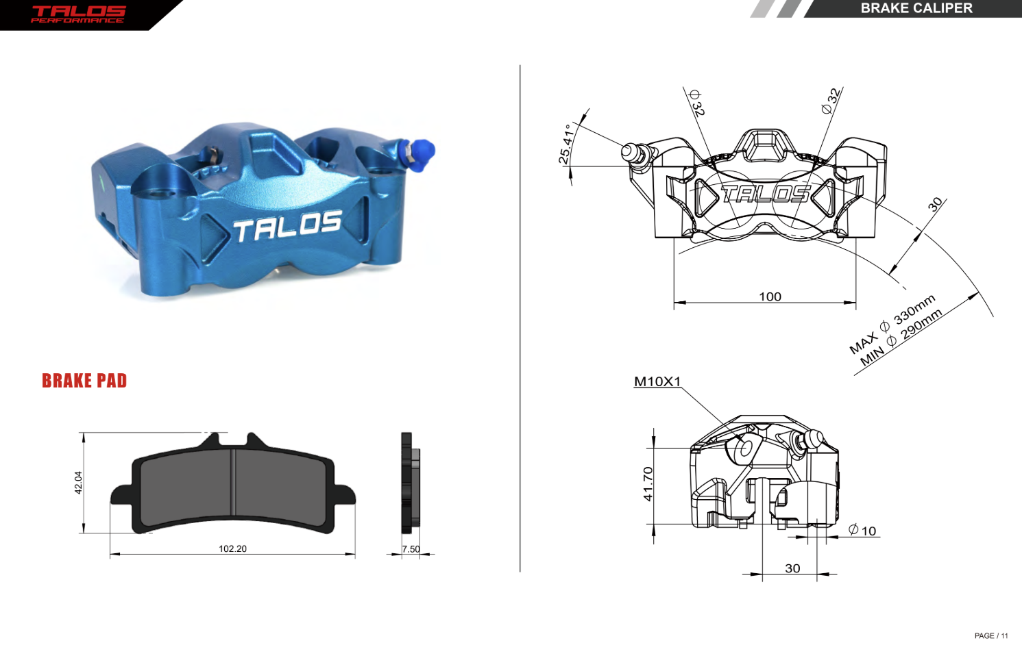 Talos C52 Étrier de frein monobloc en fonte P4 32/32 100mm Avant Gauche | C52.100.BU.L 
