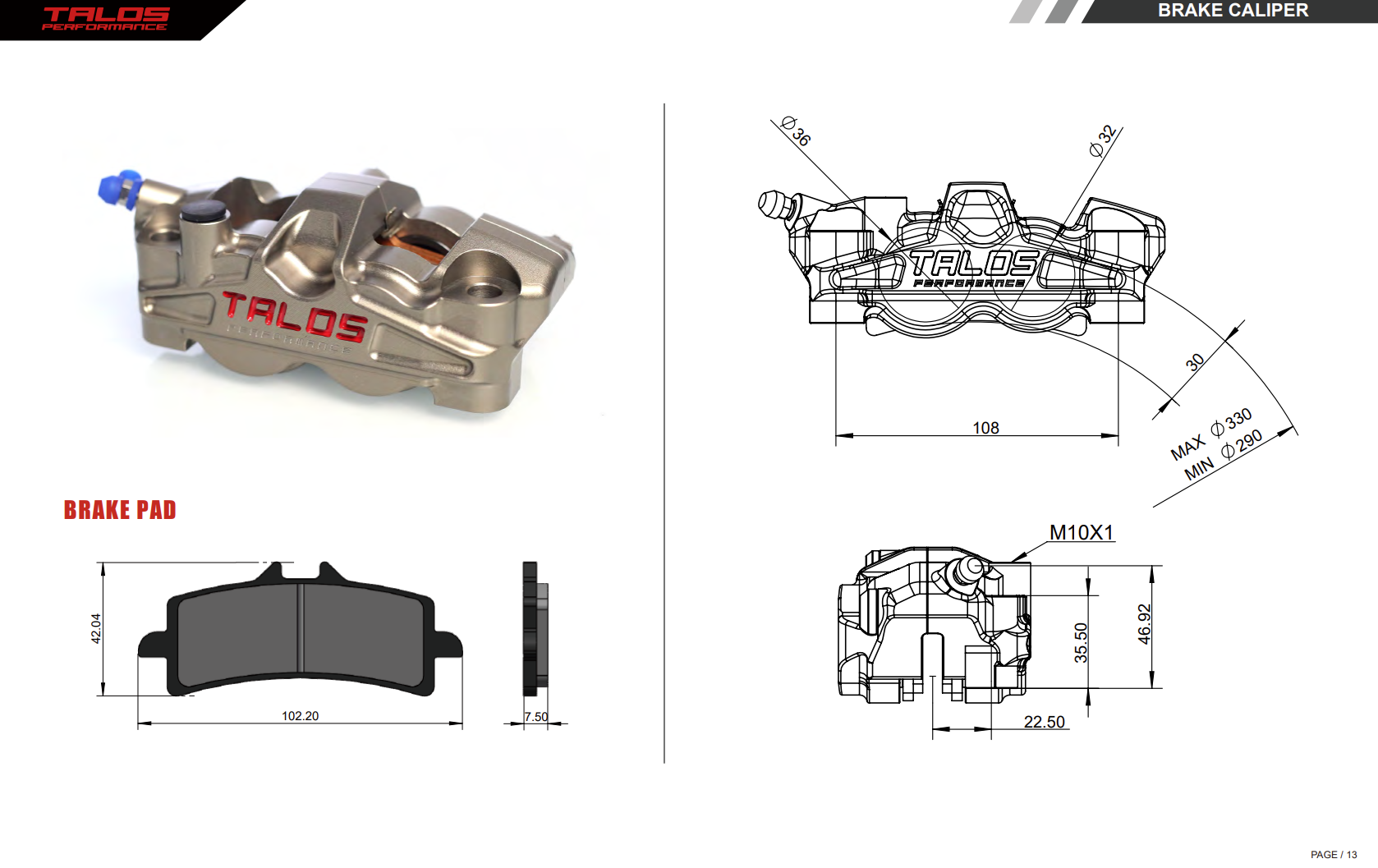 Talos X50 Deux Pièces P4 32/36 108mm Étrier de Frein Avant Droit | X50.108.HD.R 