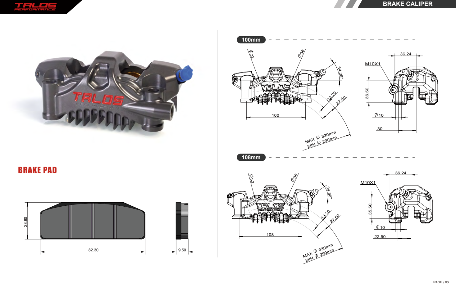 Talos X75 SBK Racing Monoblock P4 32/36 108mm étrier de frein avant gauche | X75.108.HD.L 