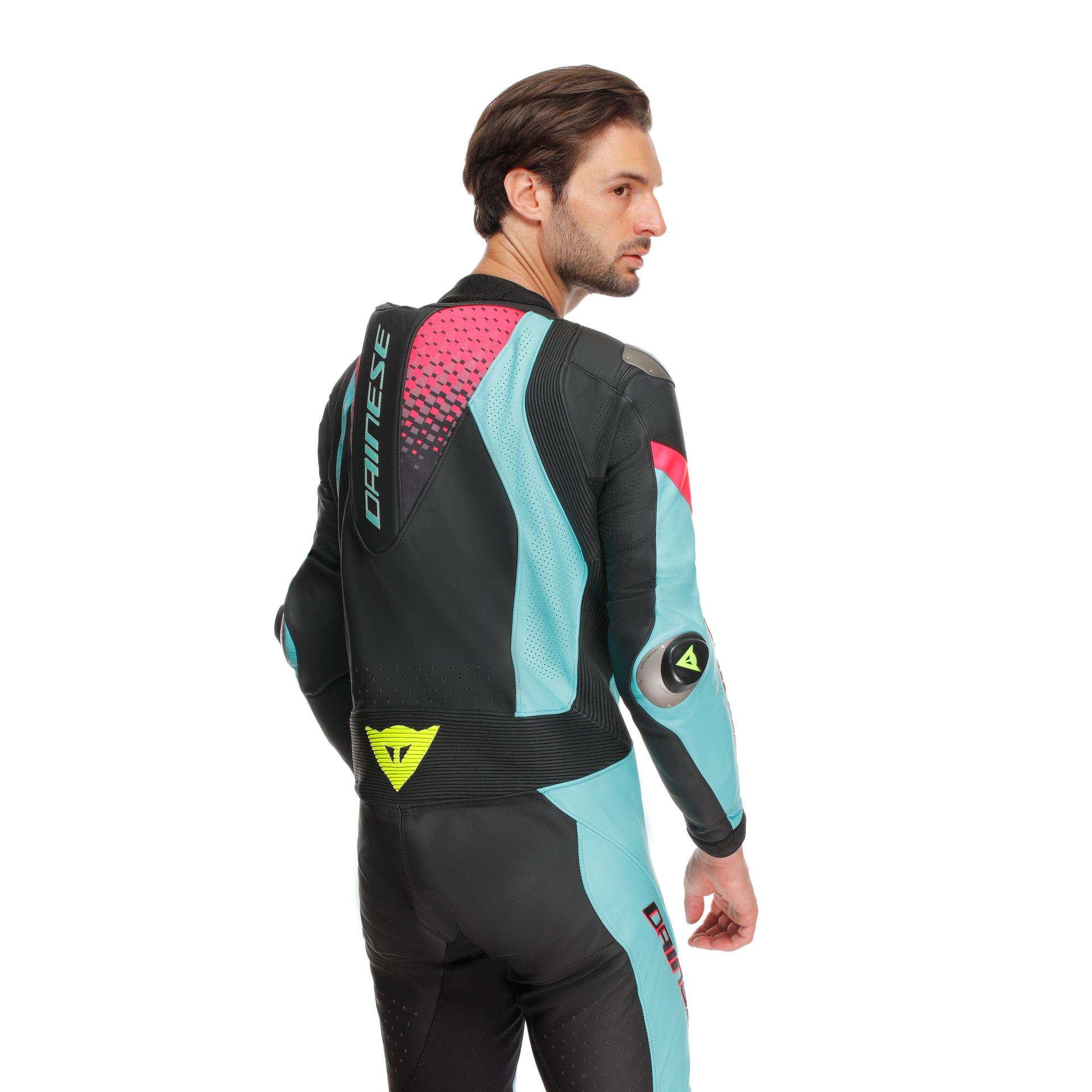 Dainese Laguna Seca 6 Combinaison en cuir à une pièce – Combinaison de course perforée | Hommes | Turquoise / Rose / Jaune fluo 