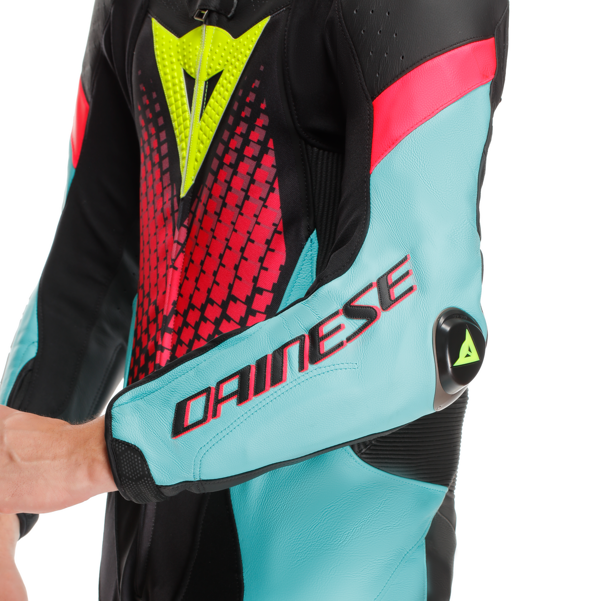 Dainese Laguna Seca 6 Combinaison en cuir à une pièce – Combinaison de course perforée | Hommes | Turquoise / Rose / Jaune fluo 