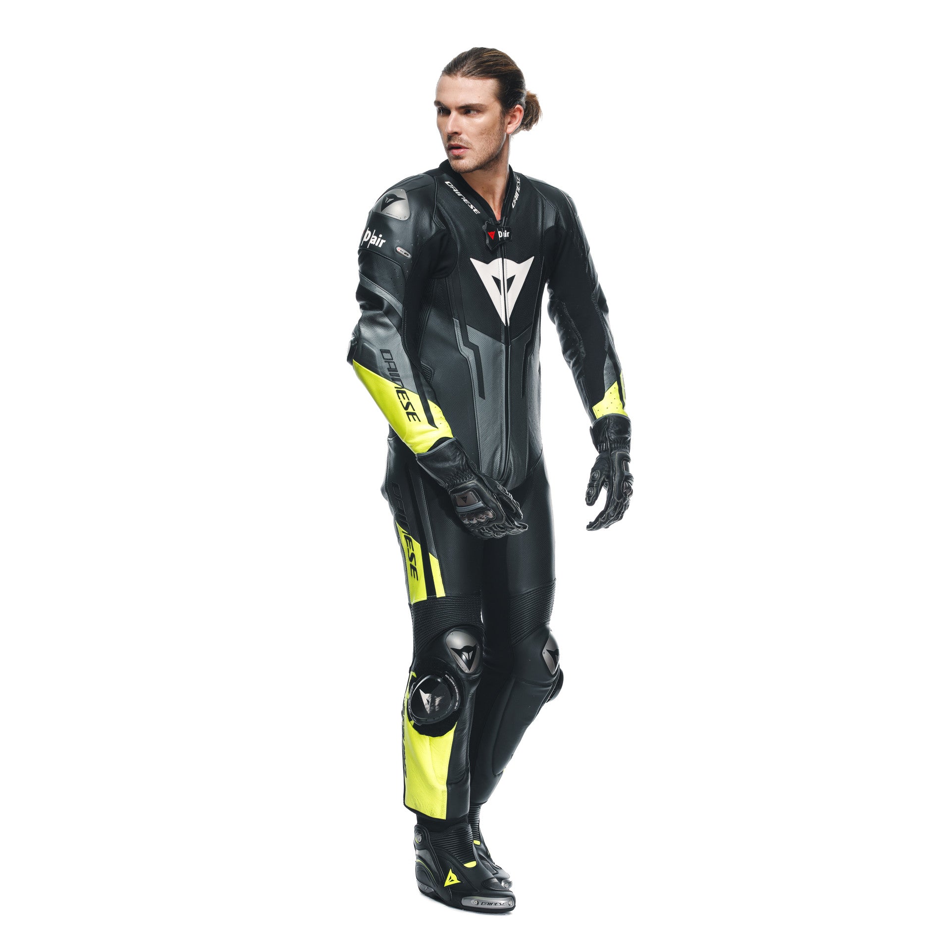 Combinaison en cuir Dainese Misano 3 D-AIR® – Combinaison de course avec airbag perforé | Hommes | Noir/Jaune fluo 