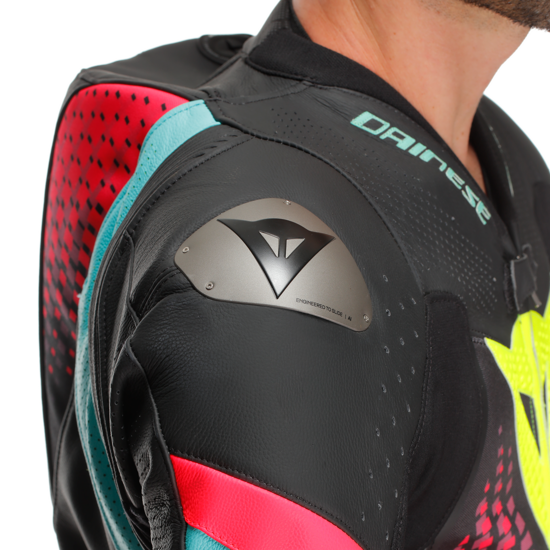 Dainese Laguna Seca 6 Combinaison en cuir à une pièce – Combinaison de course perforée | Hommes | Turquoise / Rose / Jaune fluo 