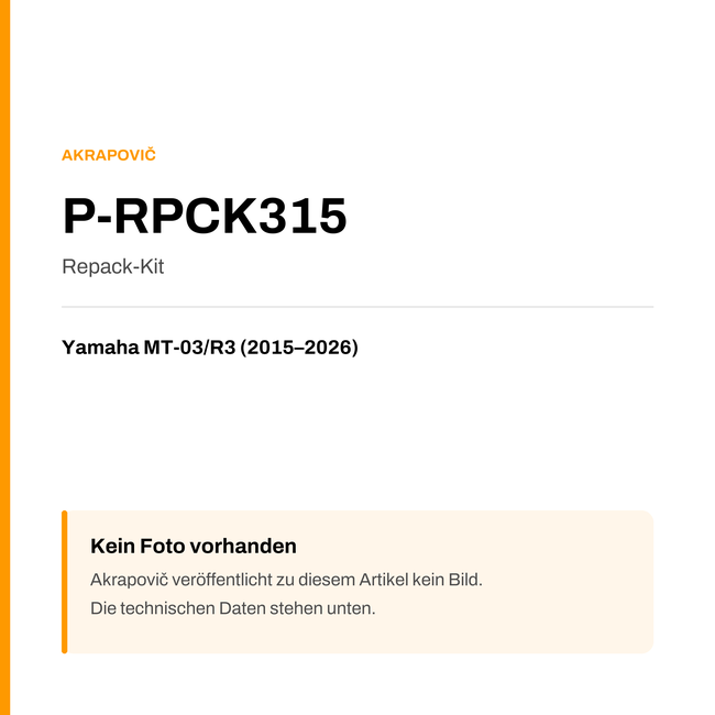 Akrapovic Repack-Kit Yamaha MT-03 / R3 (15-26) P-RPCK315 — Platzhalter, kein Herstellerfoto verfügbar