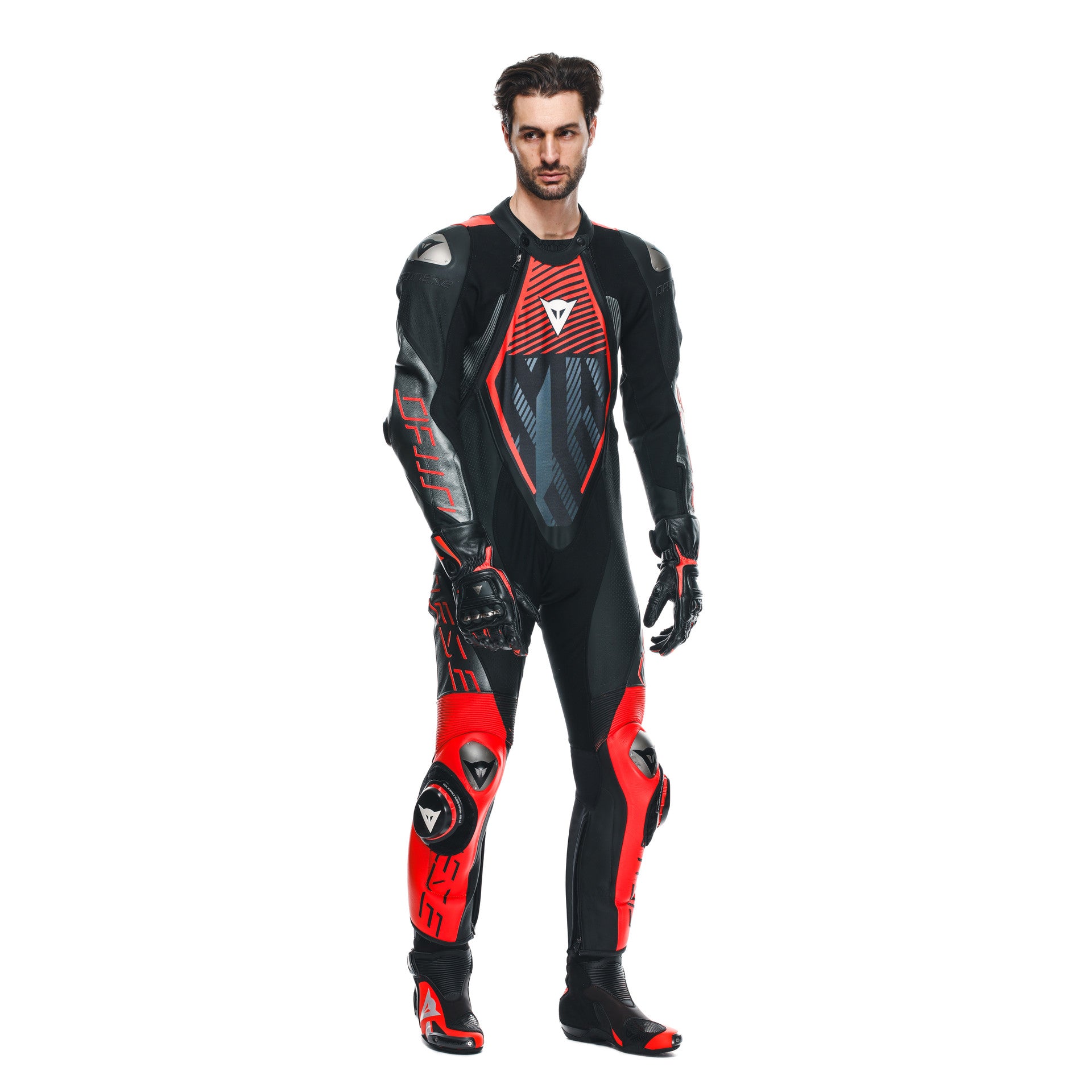 Dainese Audax D-ZIP combinaison en cuir une pièce – Combinaison de course perforée | Hommes | Noir/Rouge 