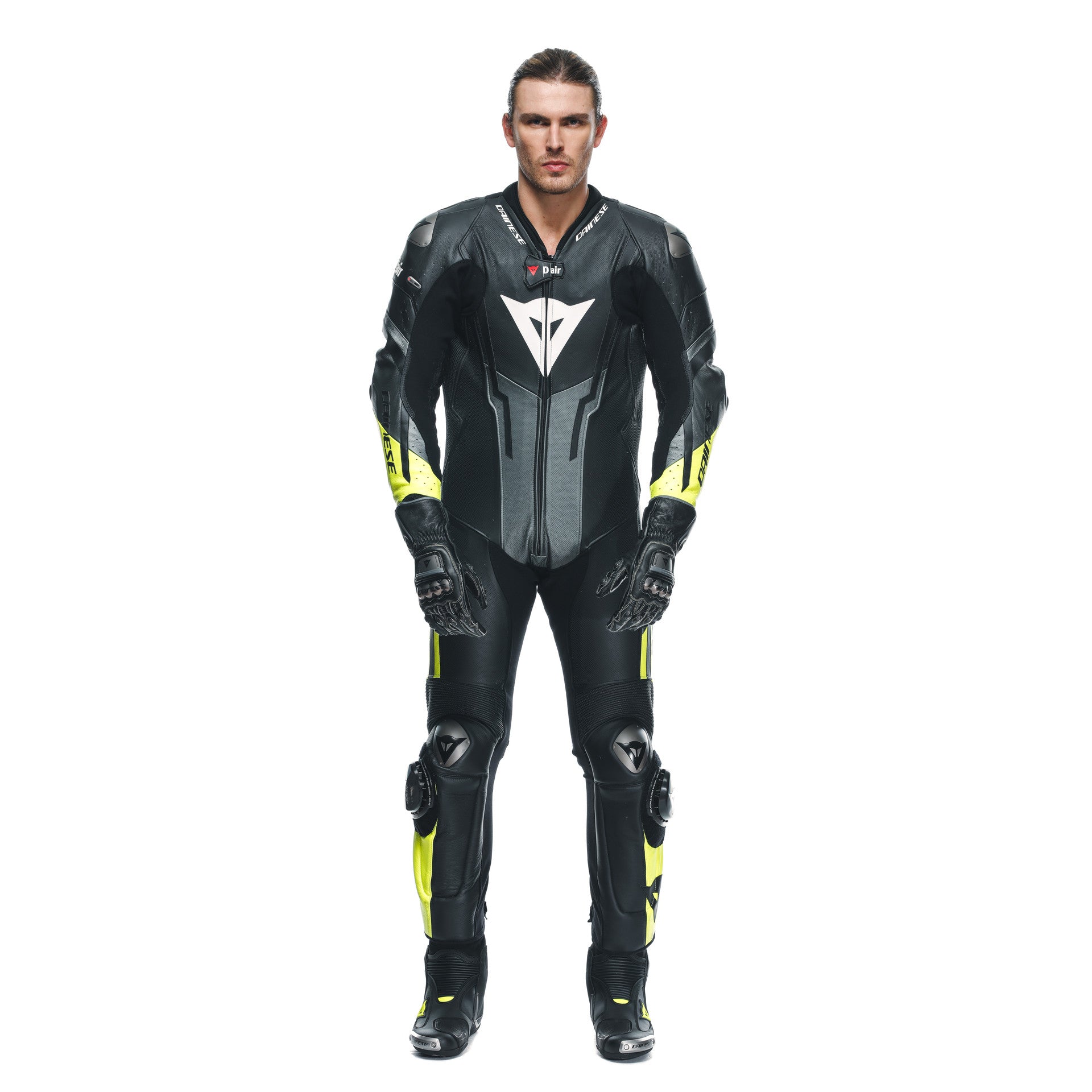 Combinaison en cuir Dainese Misano 3 D-AIR® – Combinaison de course avec airbag perforé | Hommes | Noir/Jaune fluo 