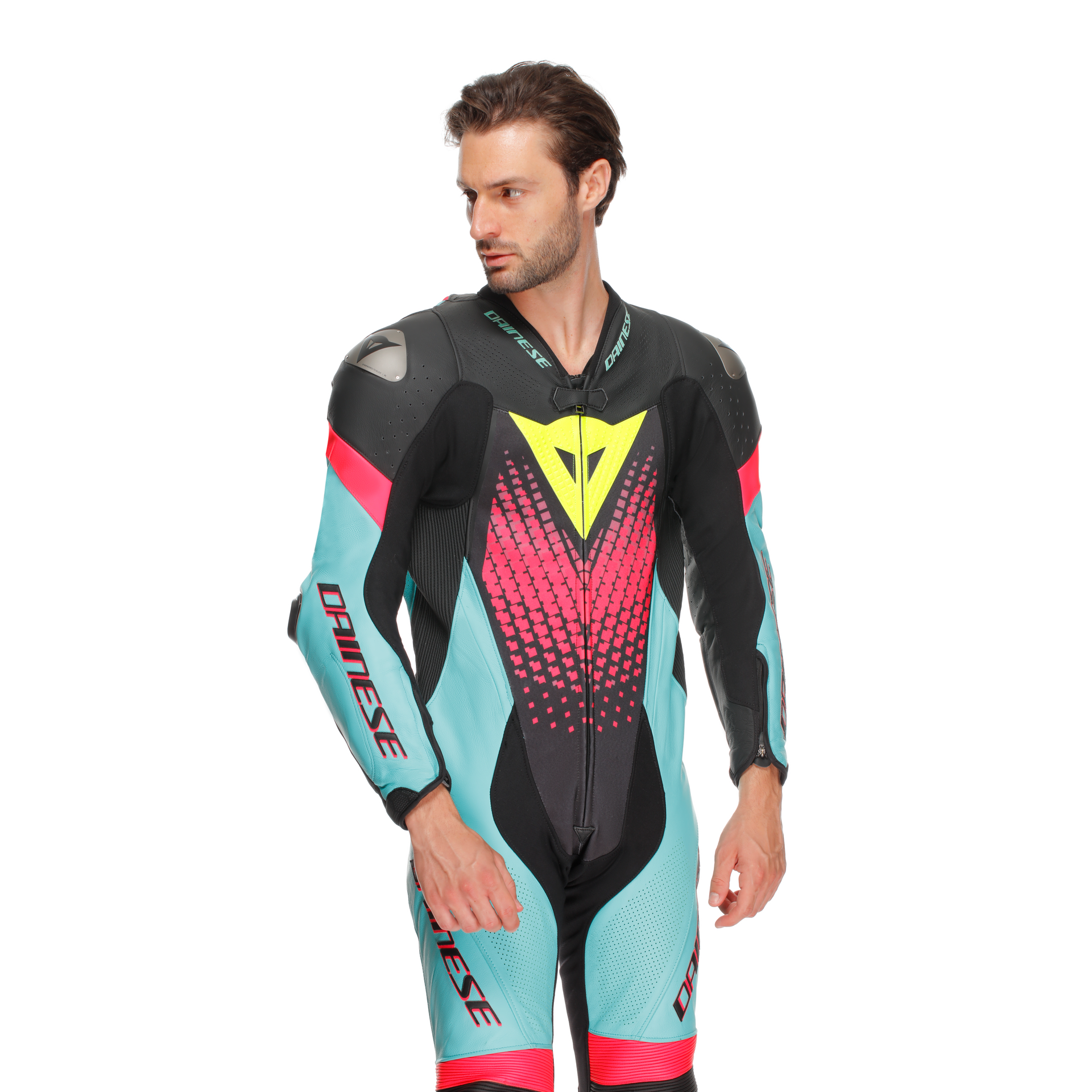 Dainese Laguna Seca 6 Combinaison en cuir à une pièce – Combinaison de course perforée | Hommes | Turquoise / Rose / Jaune fluo 