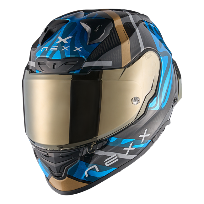 Casque Nexx X.R3R Swirl Carbone Bleu Ciel Or 01XR323489780 