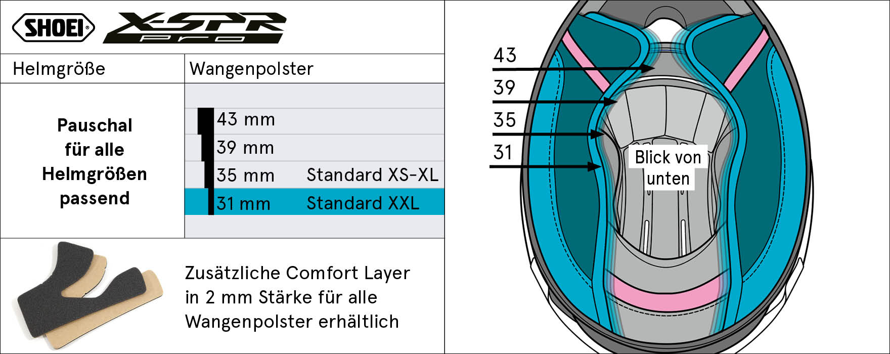 Coussinets de joue Shoei 43mm (XPRO) Type-P pour X-SPR PRO 