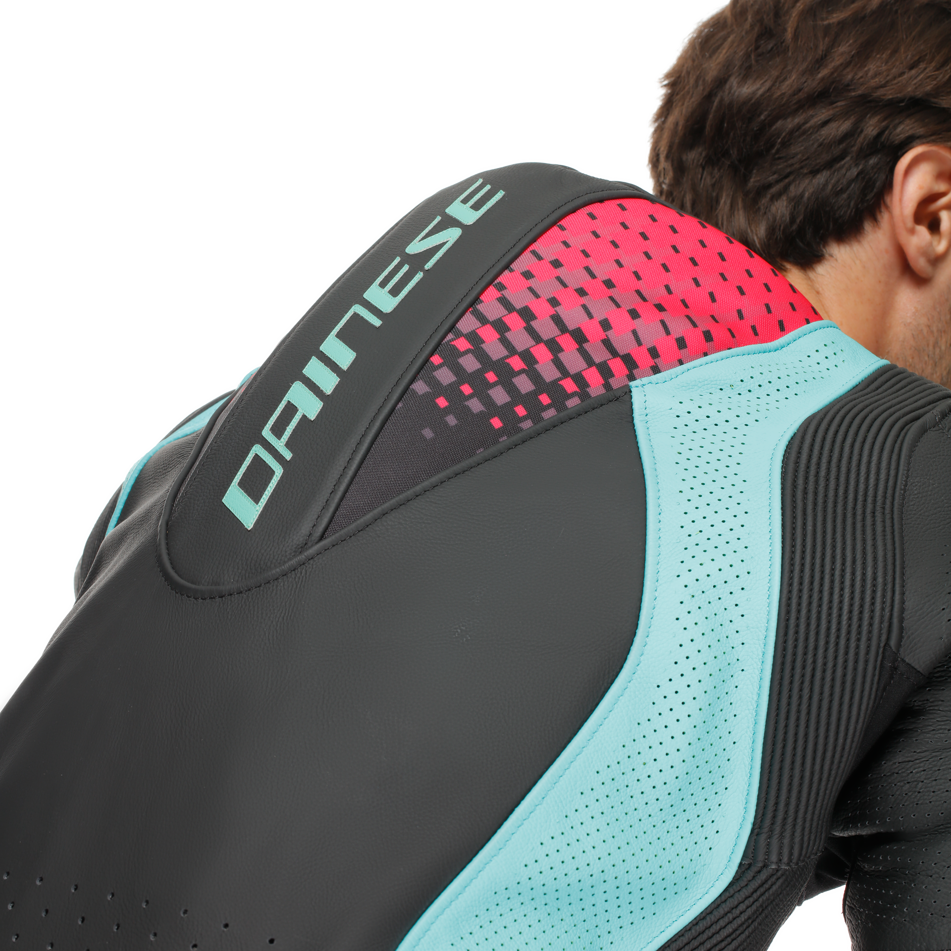 Dainese Laguna Seca 6 Combinaison en cuir à une pièce – Combinaison de course perforée | Hommes | Turquoise / Rose / Jaune fluo 