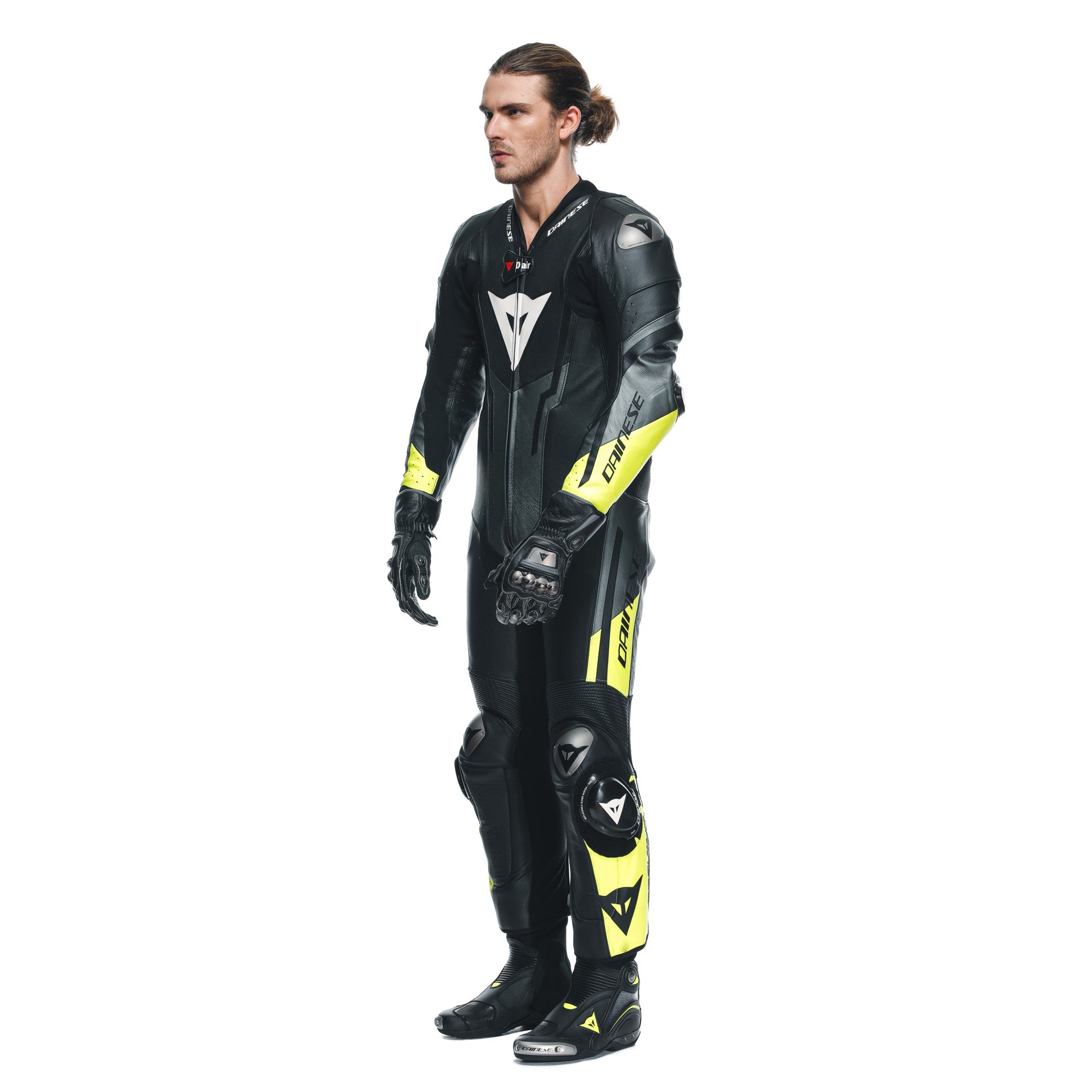 Combinaison en cuir Dainese Misano 3 D-AIR® – Combinaison de course avec airbag perforé | Hommes | Noir/Jaune fluo 