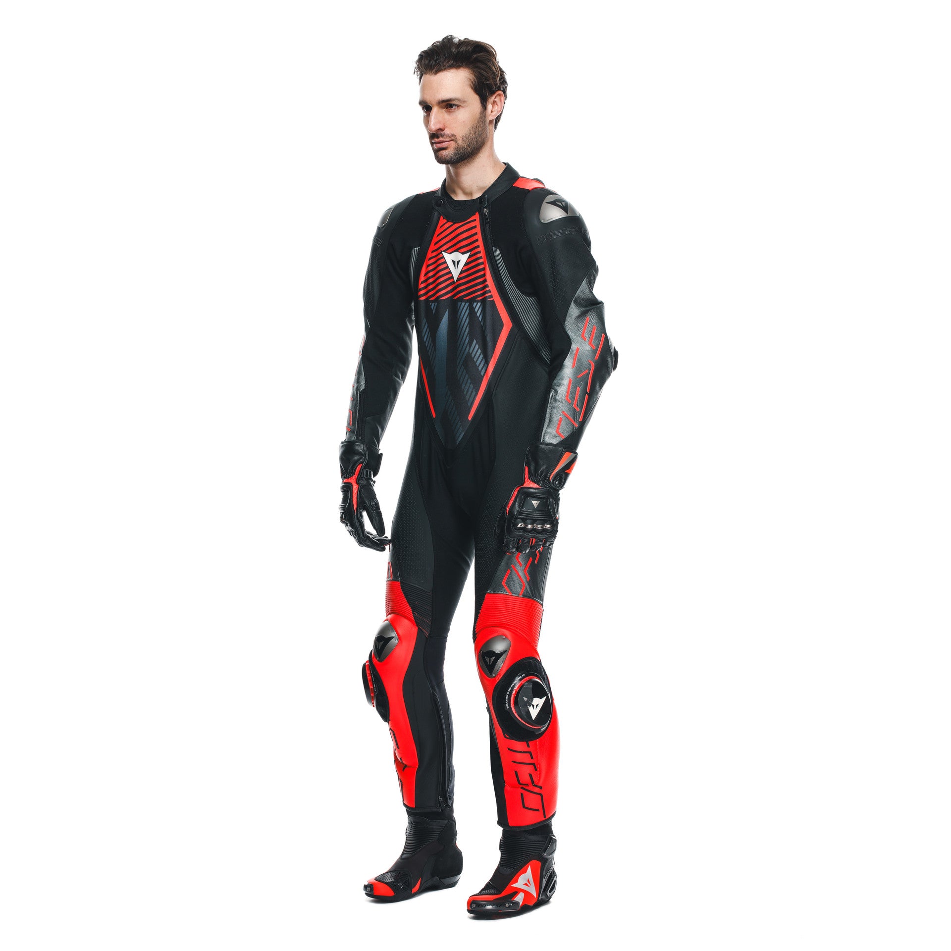 Dainese Audax D-ZIP combinaison en cuir une pièce – Combinaison de course perforée | Hommes | Noir/Rouge 