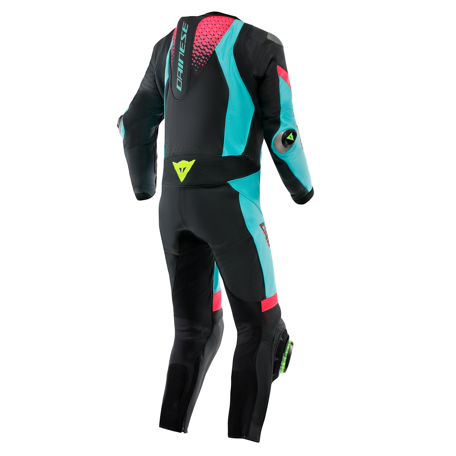 Dainese Laguna Seca 6 Combinaison en cuir à une pièce – Combinaison de course perforée | Hommes | Turquoise / Rose / Jaune fluo 