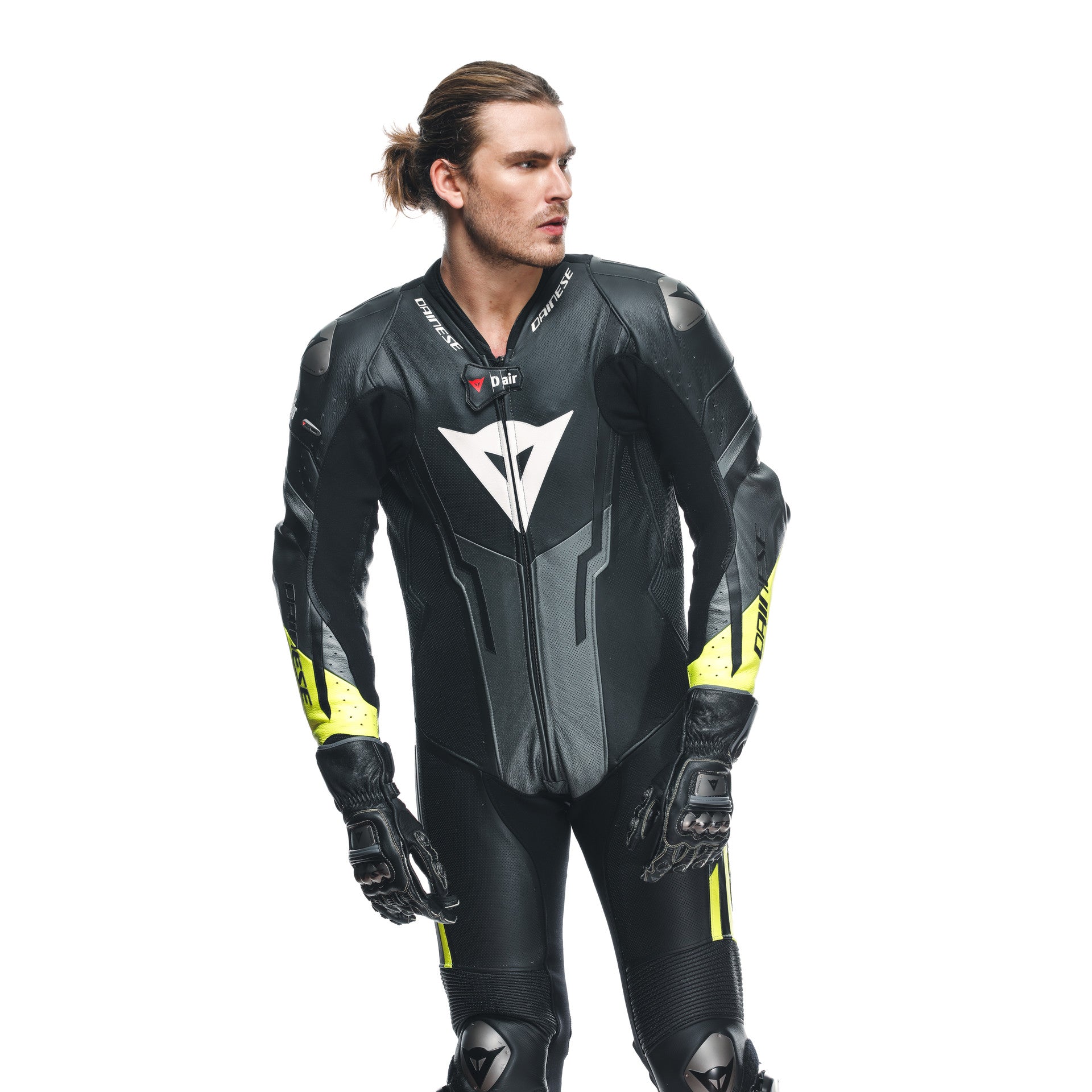 Combinaison en cuir Dainese Misano 3 D-AIR® – Combinaison de course avec airbag perforé | Hommes | Noir/Jaune fluo 