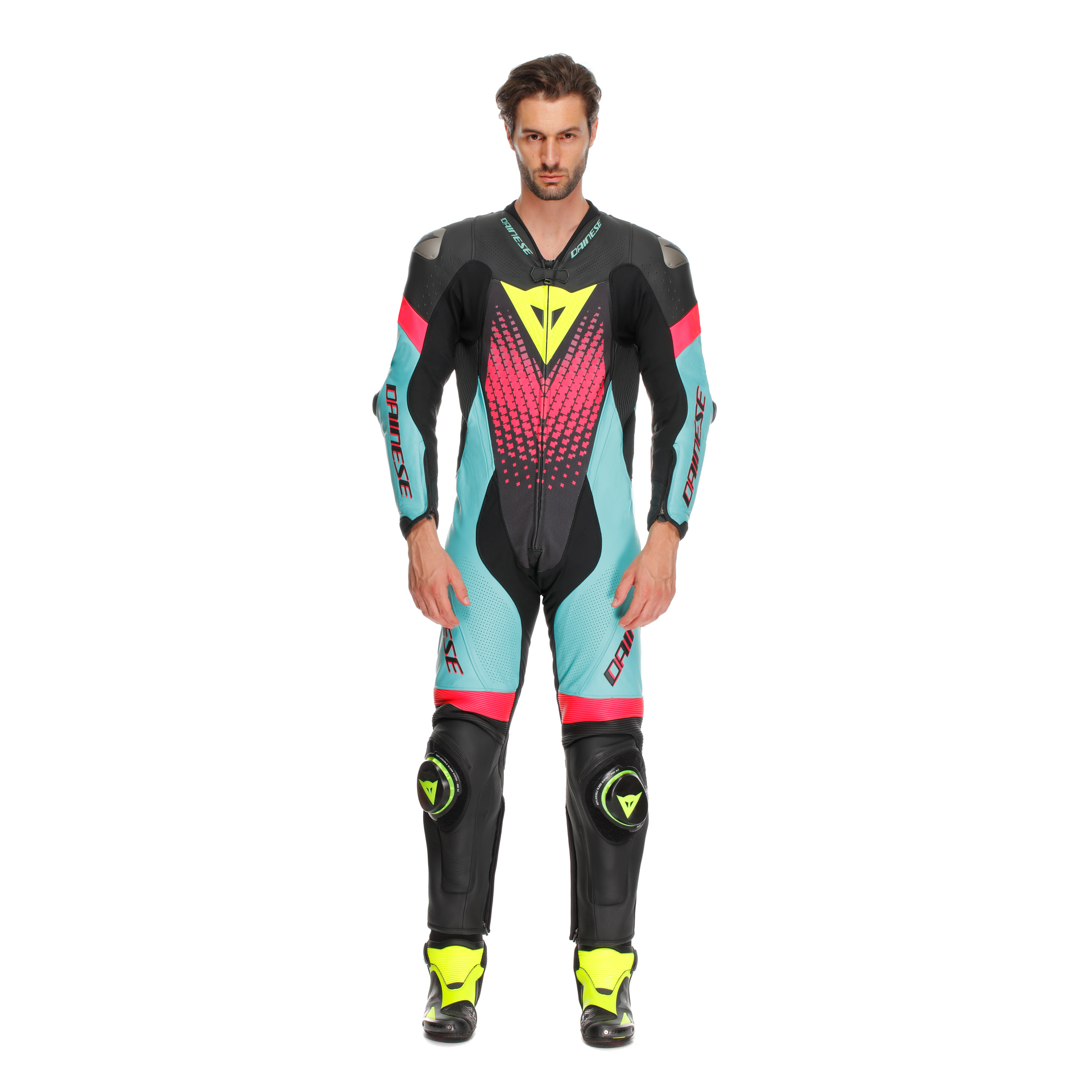 Dainese Laguna Seca 6 Combinaison en cuir à une pièce – Combinaison de course perforée | Hommes | Turquoise / Rose / Jaune fluo 