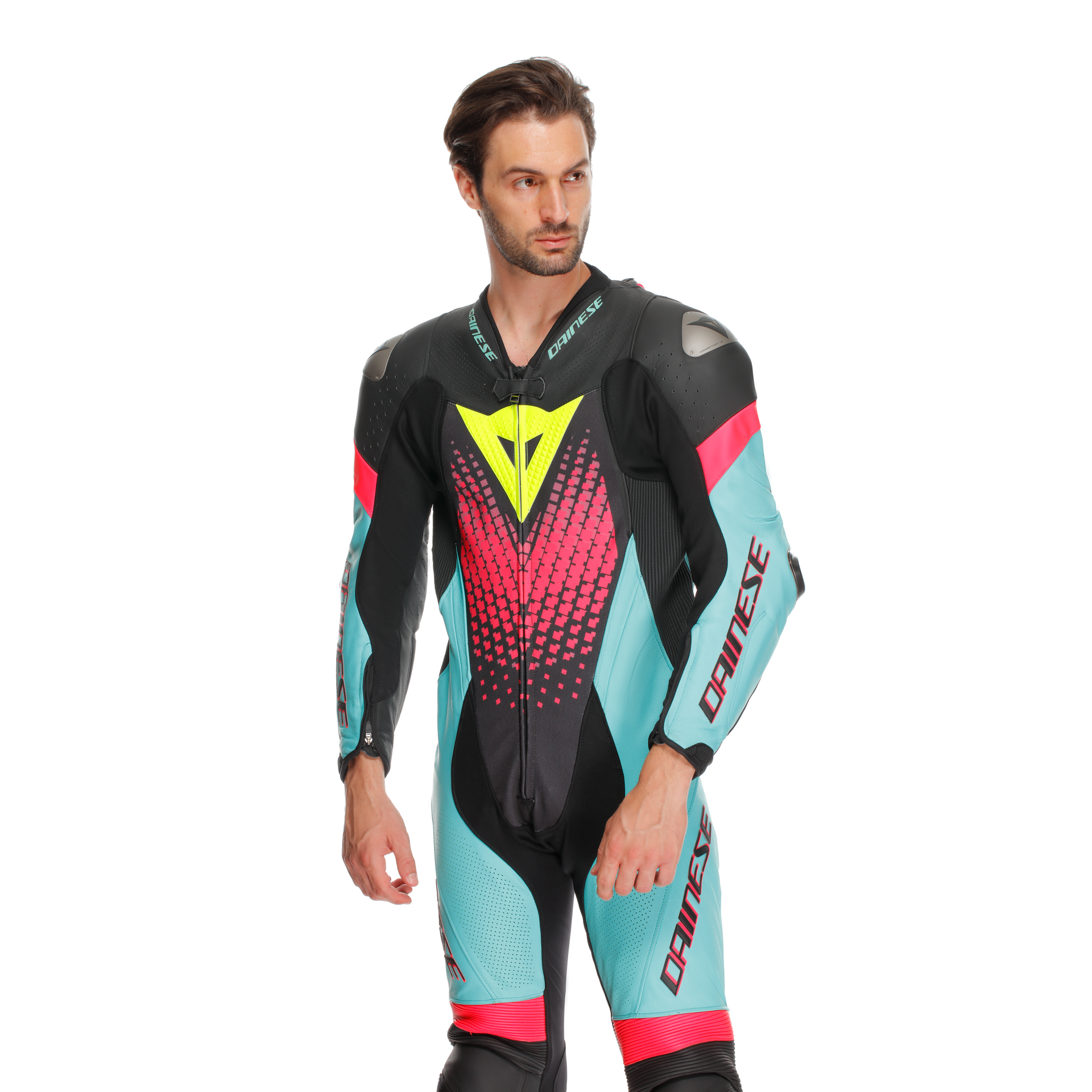 Dainese Laguna Seca 6 Combinaison en cuir à une pièce – Combinaison de course perforée | Hommes | Turquoise / Rose / Jaune fluo 