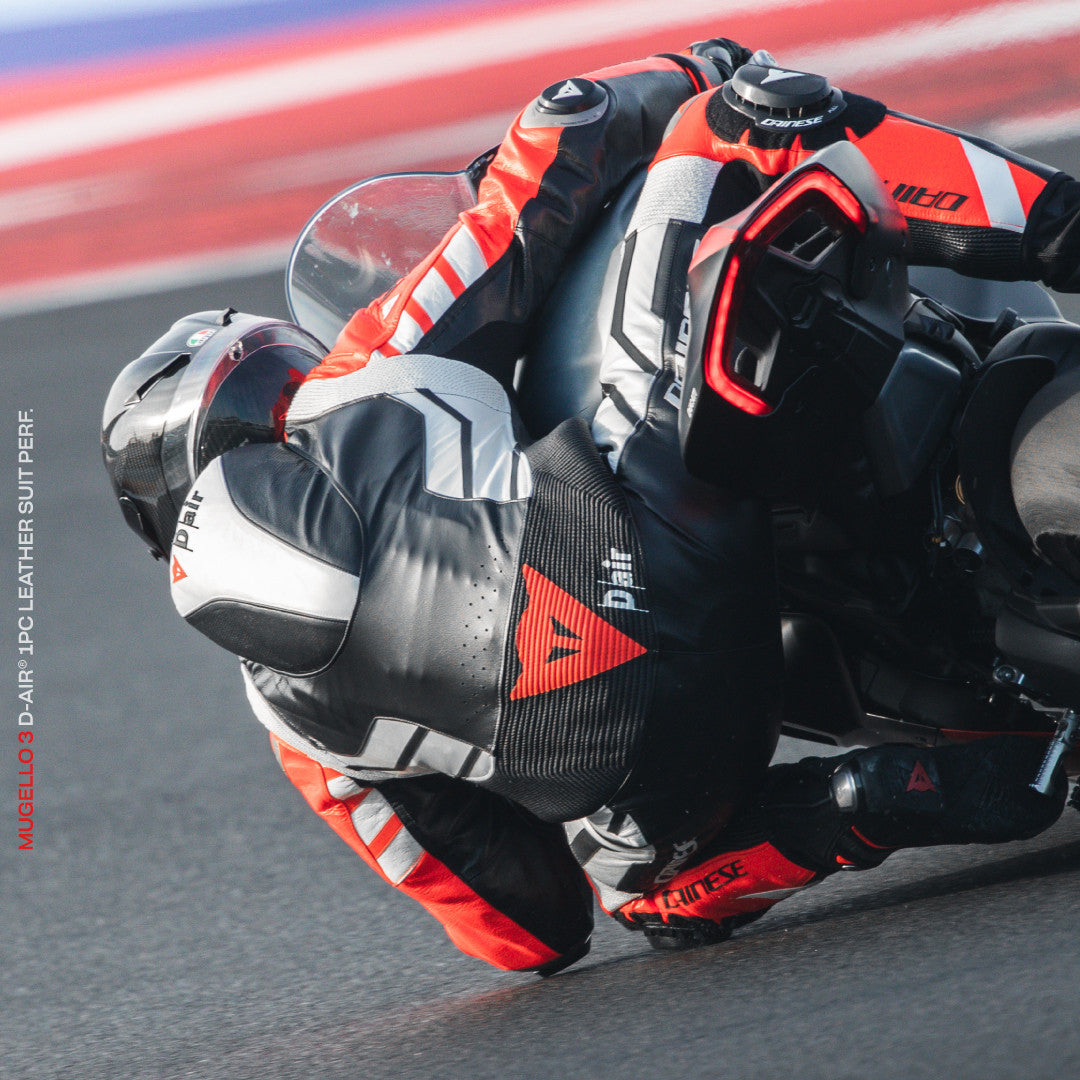 Dainese Mugello 3 D-AIR® combinaison en cuir intégrale – combinaison de course avec airbag perforé | Hommes | Noir/Rouge 