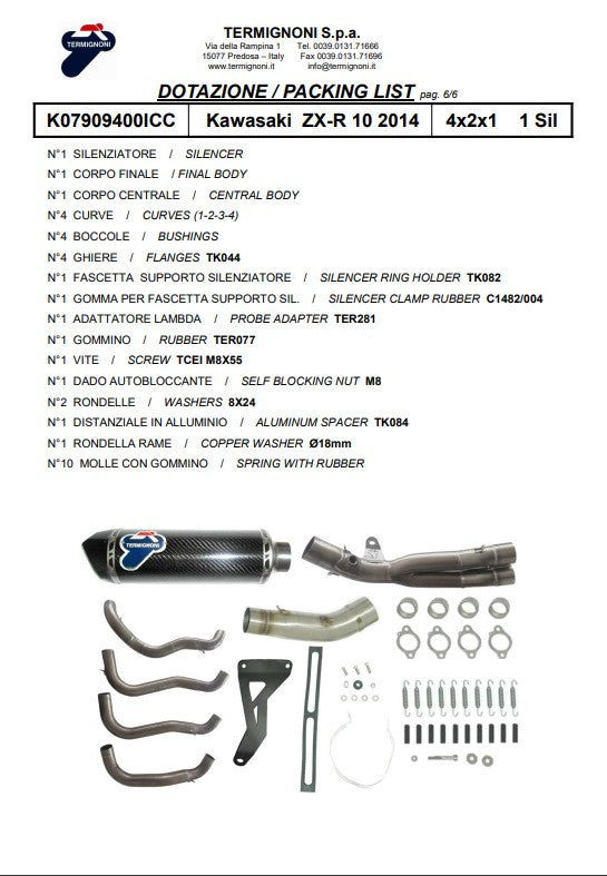 Système complet Termignoni en titane Kawasaki ZX-10 R/RR (16-20) K08010200TCC 