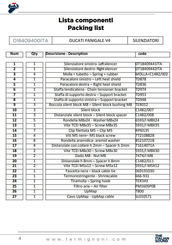Kit d'échappement Termignoni Slip-On Ducati Panigale V4/S/R (18-24) D18409400ITA 