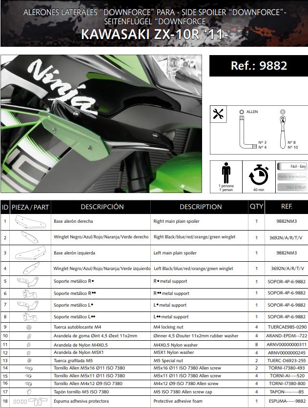 Spoiler de Winglets Puig pour l'appui aérodynamique Kawasaki ZX-10 R/RR (11-20) 9882 
