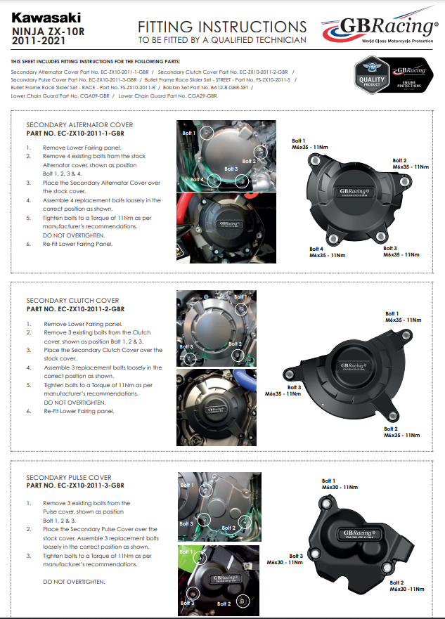 Kit complet de protections de couvercle de moteur GBRacing Kawasaki ZX-10 R/RR (11-20) 