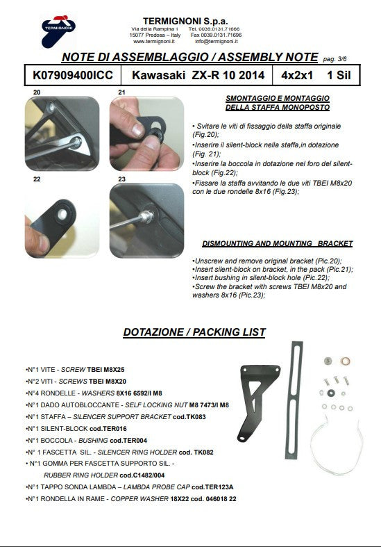 Système complet en acier inoxydable Termignoni Kawasaki ZX-10 R/RR (16-20) K07909400ICC 