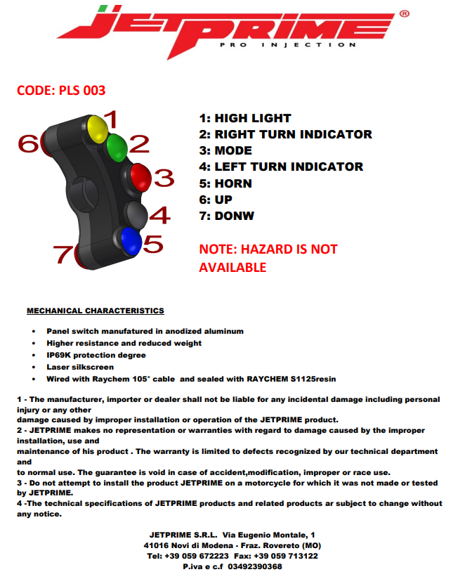 Interrupteur de guidon gauche JetPrime Yamaha YZF-R1/M RN32 RN49 (15-19) JP PLS 003 