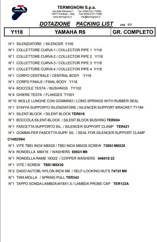 Kit complet Termignoni en titane Version SSP Yamaha YZF-R6 (06-25) Y11810200TCC 
