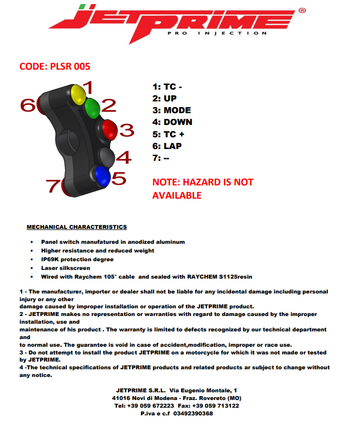 Interrupteur de guidon Race gauche JetPrime Ducati Panigale 1199/R/S (12-17) JP PLSR 005 