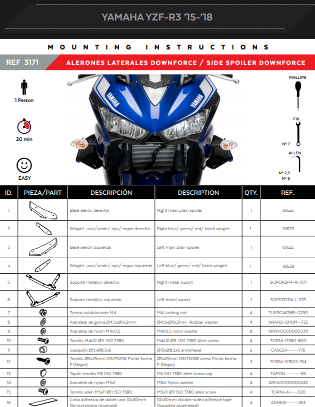 Spoiler Puig Winglets Downforce Yamaha YZF-R3 (15-18) 3171 