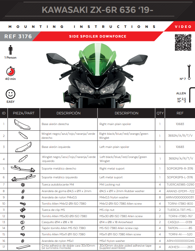 Puig Winglets Spoiler Aérodynamique Kawasaki ZX-6R 636 (18-23) 3176 