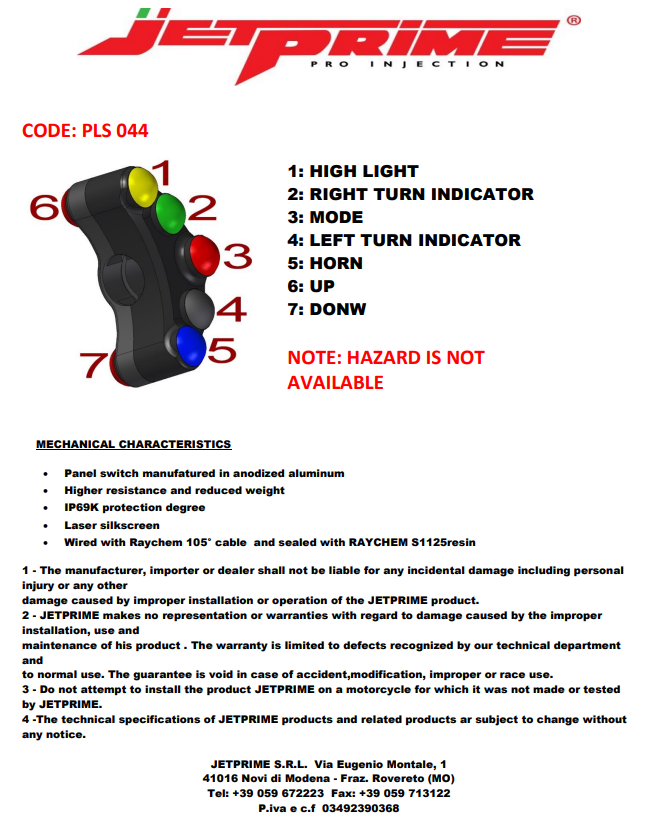 Interrupteur de guidon gauche JetPrime Kawasaki ZX-6R/636/RR (19-22) JP PLS 044 