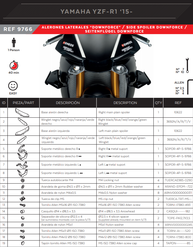 Spoiler Puig Winglets Downforce Yamaha YZF-R1/M RN32 RN49 (15-19) 9766 