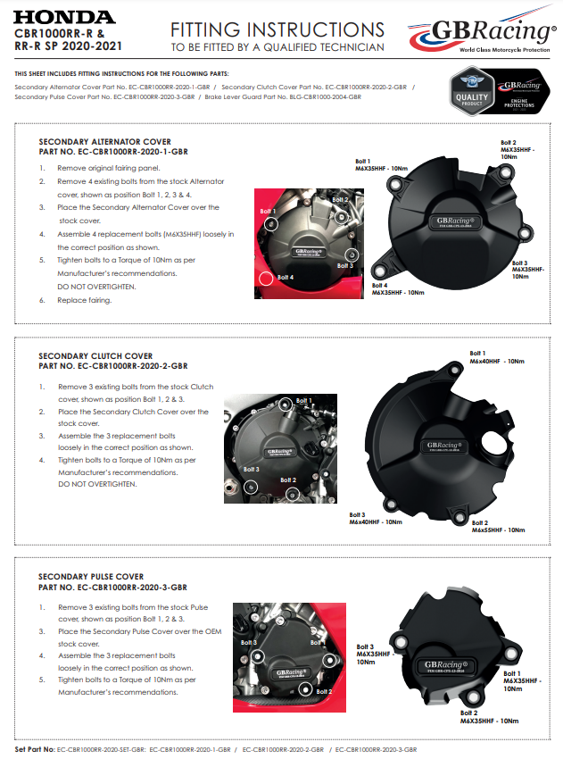 Kit complet de protections de carter moteur GBRacing Honda CBR 1000 RR-R SC82 (20-25) 