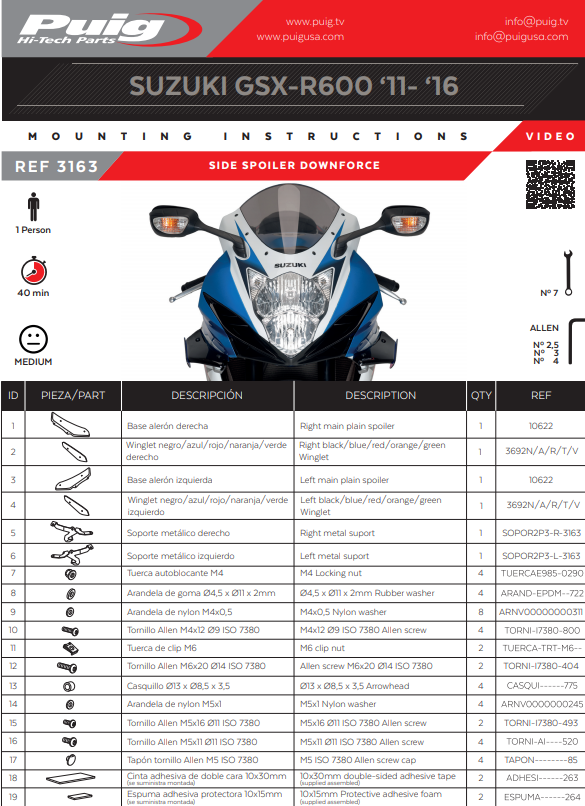 Spoiler de Winglets Puig Downforce Suzuki GSX-R 600/750 (11-16) 3163 