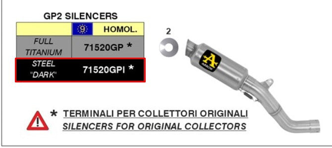 Kit de glissement Arrow Slip-On Dark GP2 en acier inoxydable pour Aprilia RSV4/RR/RF (15-16) 71520GPI 