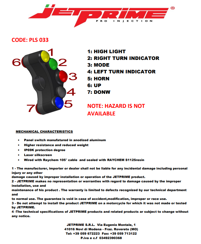 Interrupteur de guidon gauche JetPrime Yamaha YZF-R1/M RN65 (20-25) JP PLS 033 