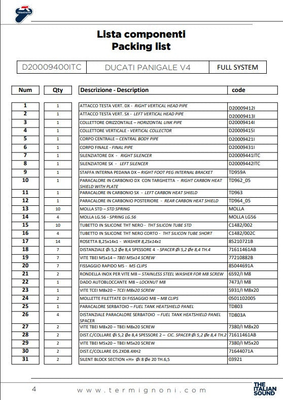 Système d'échappement complet en acier inoxydable Termignoni D200 RHT Ducati Panigale V4 R (19-24) D20009400ITC 