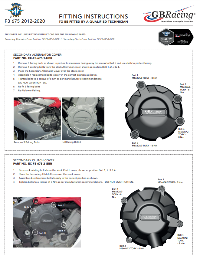 Ensemble complet de protections de couvercle de moteur GBRacing pour MV Agusta F3 675/800 (12-25) 