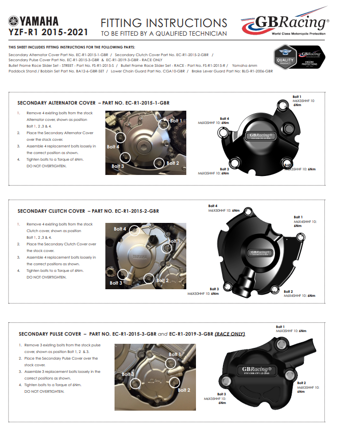 Kit complet de protections de carter moteur GBRacing pour Yamaha YZF-R1/M RN32, RN49 et RN65 (15-25) 