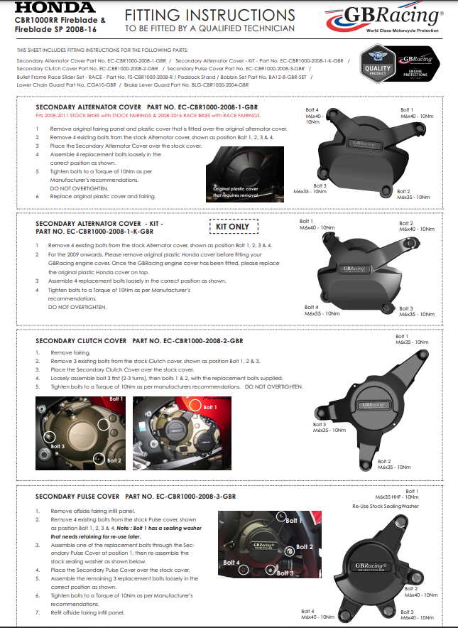 Protection de l'embrayage couverture de protection GBRacing Honda CBR 1000 RR (08-16) 